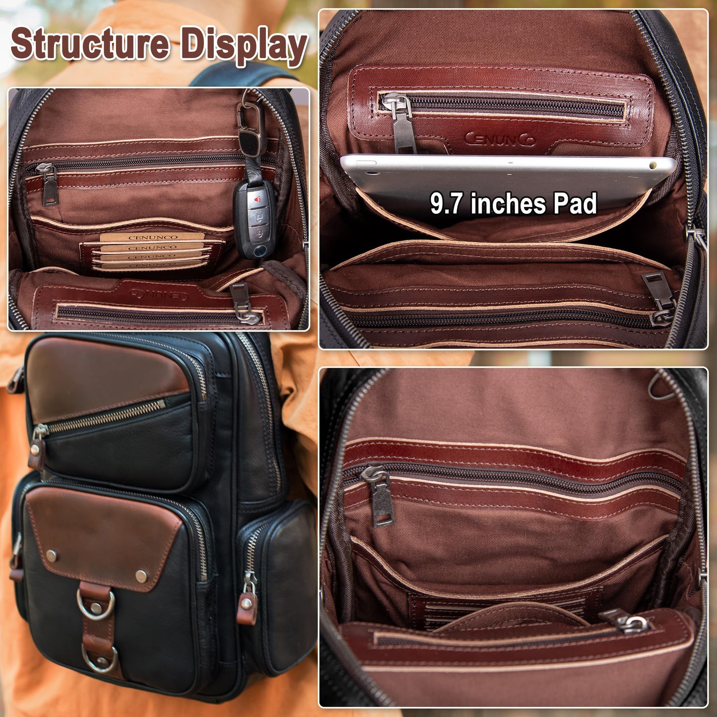 Genuine Leather Sling Bag for Men Large Crossbody Shoulder Bag Casual Sling Backpack Anti-Theft Travel Chest Purse