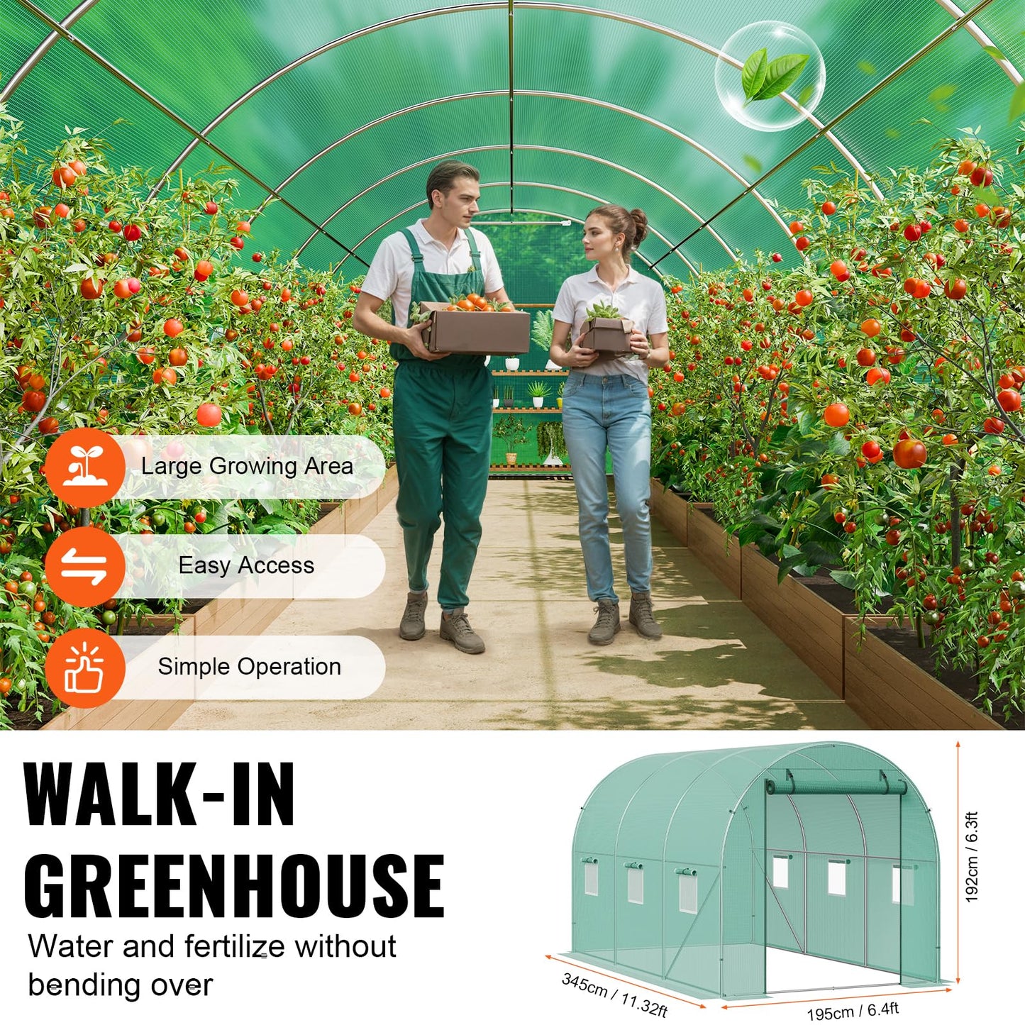 VEVOR Walk-in Tunnel Greenhouse, 9.6x6.4x6.2 ft Hoop House Greenhouse Tunnel, Plant Hot House with Galvanized Steel Frame, White PE Cover, Roll-up Zipper Door and 6 Windows for Outdoor