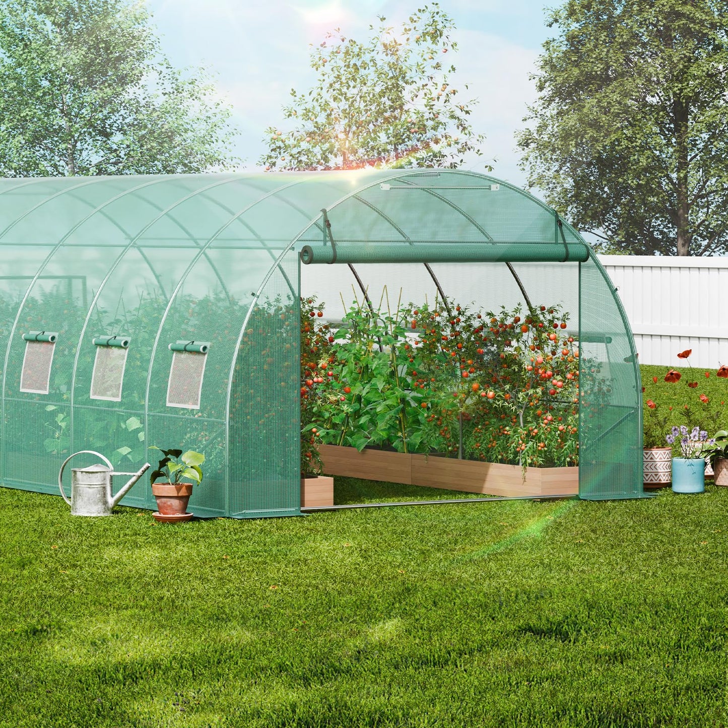 VEVOR Walk-in Tunnel Greenhouse, 9.6x6.4x6.2 ft Hoop House Greenhouse Tunnel, Plant Hot House with Galvanized Steel Frame, White PE Cover, Roll-up Zipper Door and 6 Windows for Outdoor