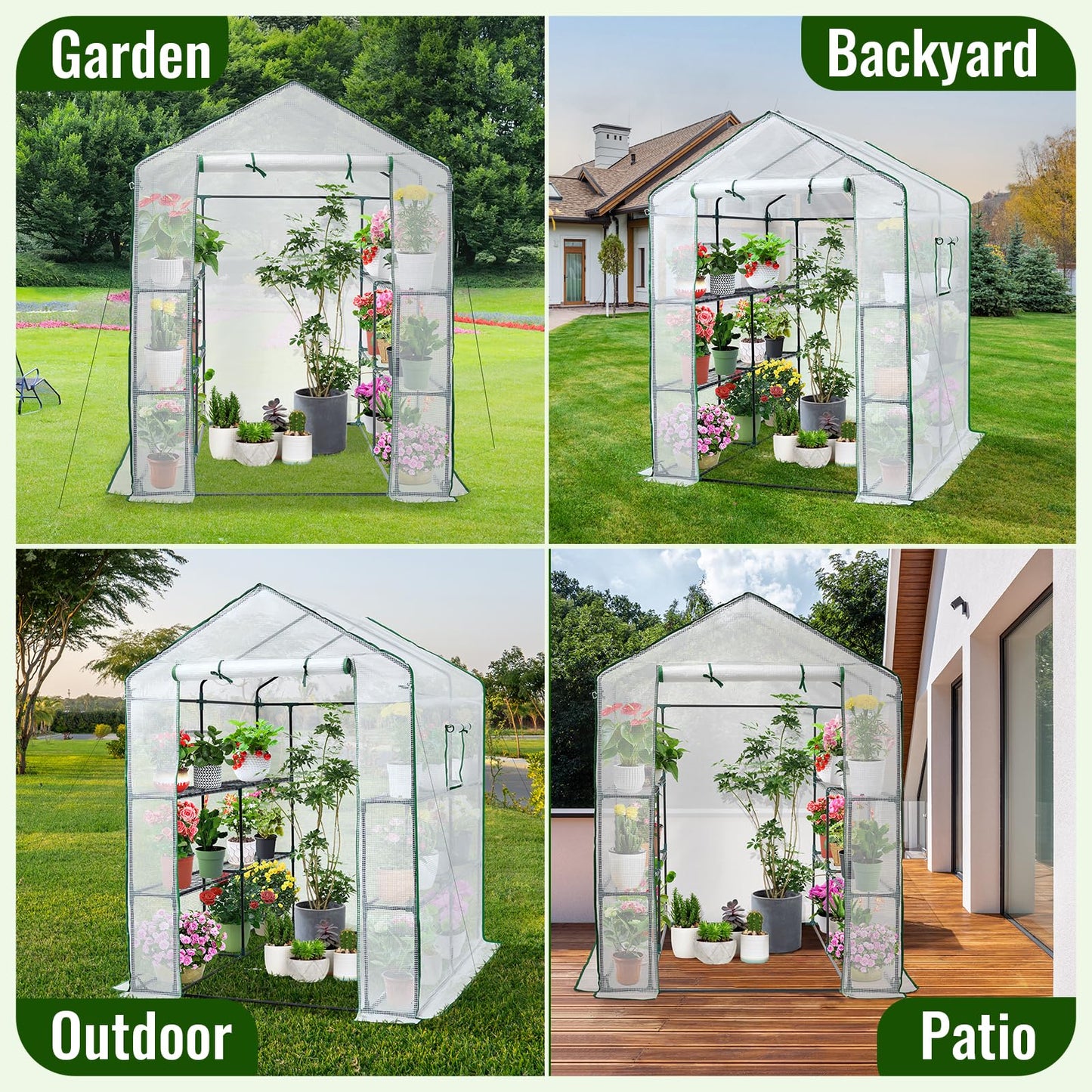 Greengro Greenhouse, 57 x 57 x 76'' Greenhouses for Outdoors, Durable Green House Kit with Window, Thicken PE Cover, 3 Tiers 8 Shelves, Heavy Duty Walk in Green Houses for Indoor Backyard Outside