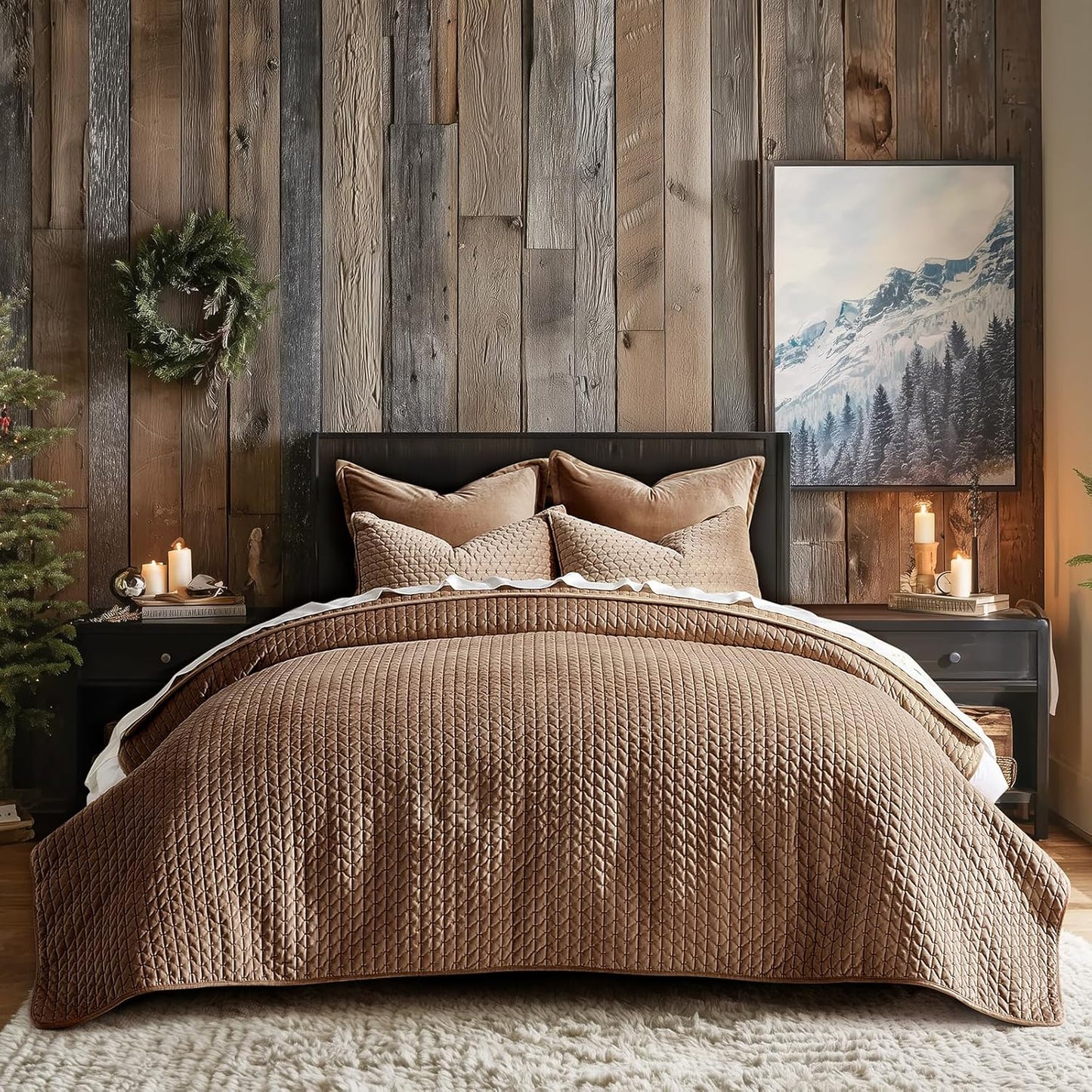 EverGrace Luxury Velvet Quilt Set King Size 3 Piece, Soft Cross-Stitch Velvet Comforter Set with Pillow Shams, Lightweight Coverlet Bedspread Bedding Set for All Seasons, Light Taupe