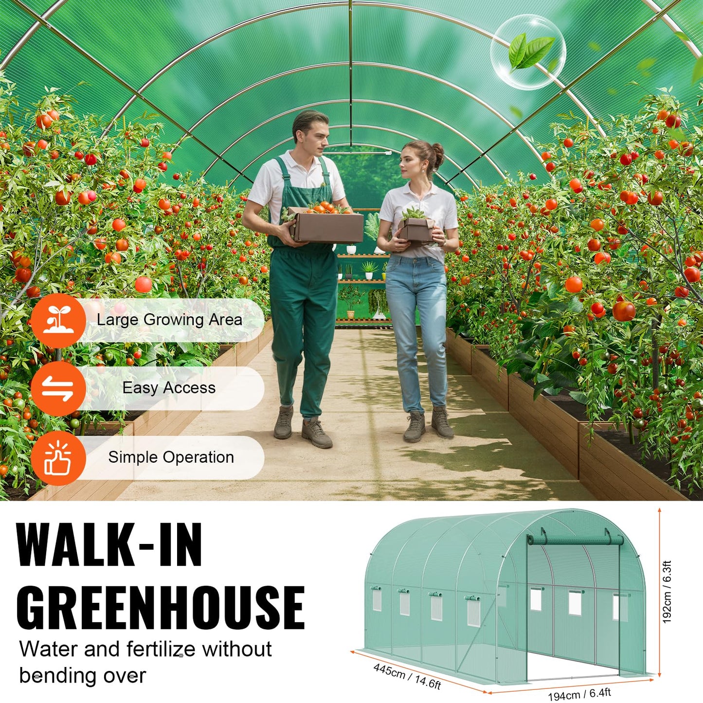 VEVOR Walk-in Tunnel Greenhouse, 9.6x6.4x6.2 ft Hoop House Greenhouse Tunnel, Plant Hot House with Galvanized Steel Frame, White PE Cover, Roll-up Zipper Door and 6 Windows for Outdoor