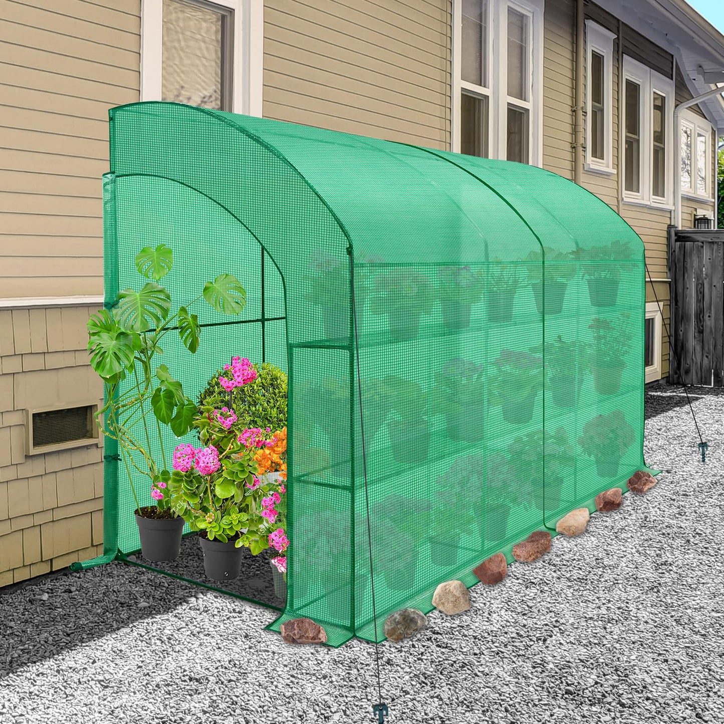 EAGLE PEAK 3 Tier Lean to Portable Greenhouse, Heavy-Duty Indoor & Outdoor Garden with Wire Shelves, 2 Roll-Up Zipper Doors, Easy Assembly, 79"x39"x83" Clear/Green PE Cover