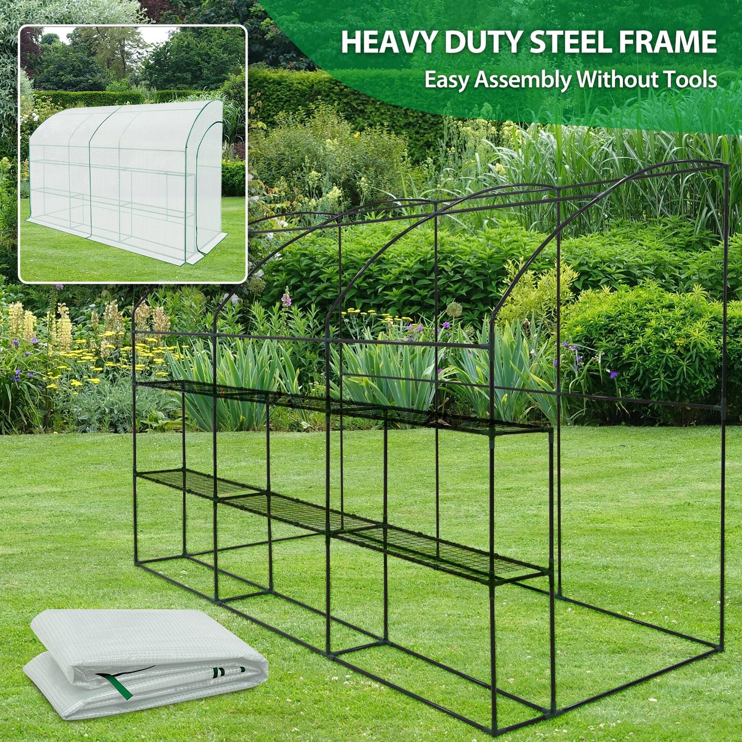 EAGLE PEAK 3 Tier Lean to Portable Greenhouse, Heavy-Duty Indoor & Outdoor Garden with Wire Shelves, 2 Roll-Up Zipper Doors, Easy Assembly, 79"x39"x83" Clear/Green PE Cover