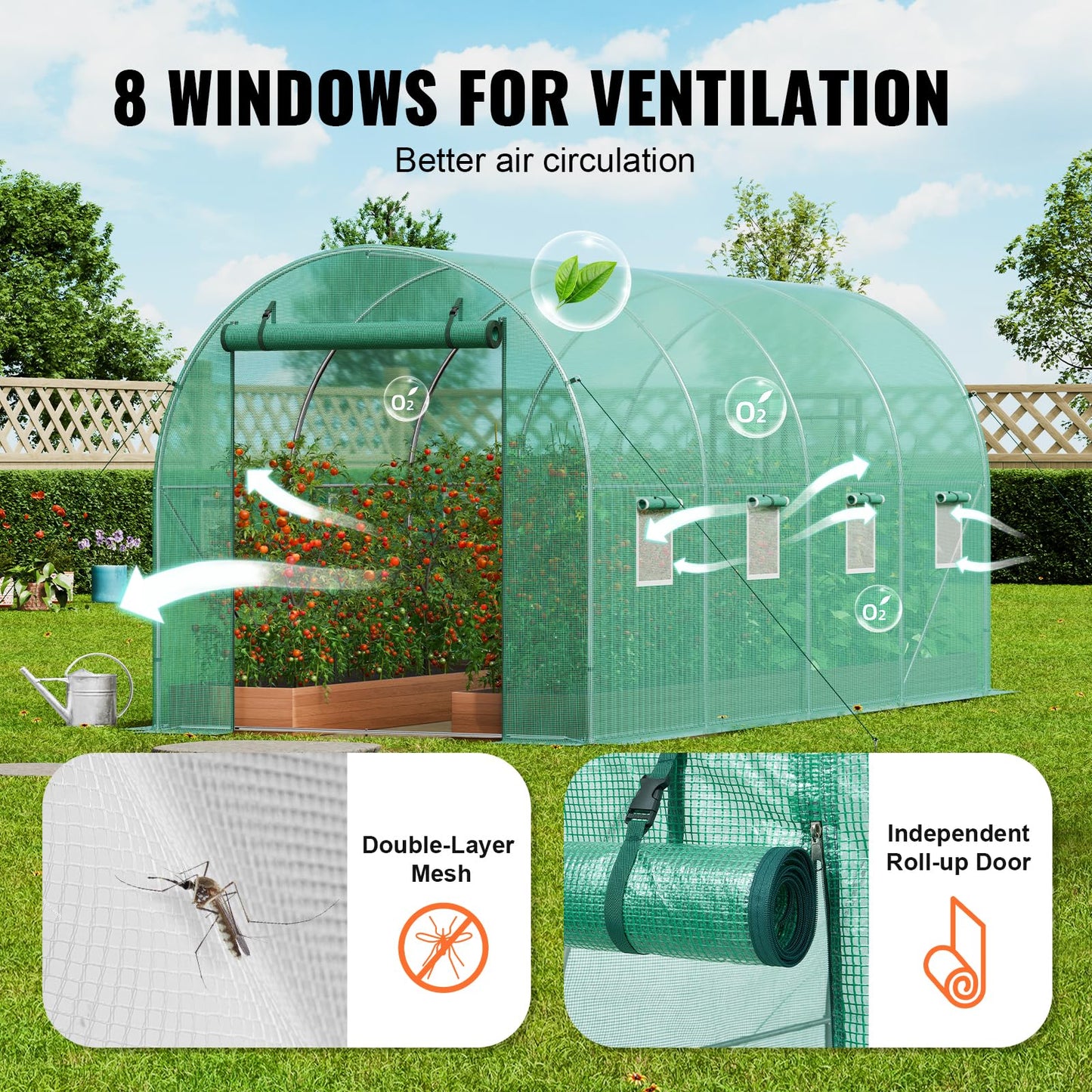 VEVOR Walk-in Tunnel Greenhouse, 9.6x6.4x6.2 ft Hoop House Greenhouse Tunnel, Plant Hot House with Galvanized Steel Frame, White PE Cover, Roll-up Zipper Door and 6 Windows for Outdoor