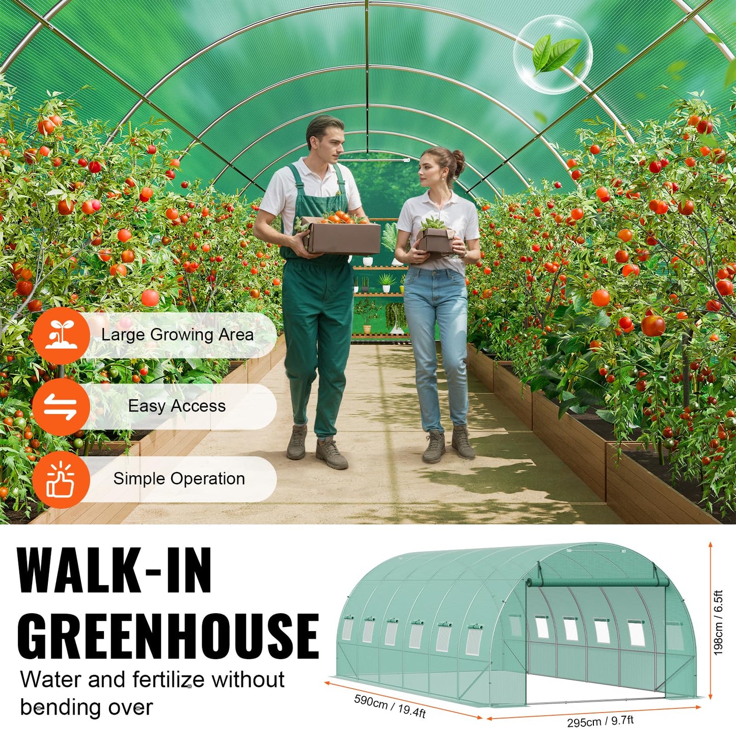 VEVOR Walk-in Tunnel Greenhouse, 9.6x6.4x6.2 ft Hoop House Greenhouse Tunnel, Plant Hot House with Galvanized Steel Frame, White PE Cover, Roll-up Zipper Door and 6 Windows for Outdoor