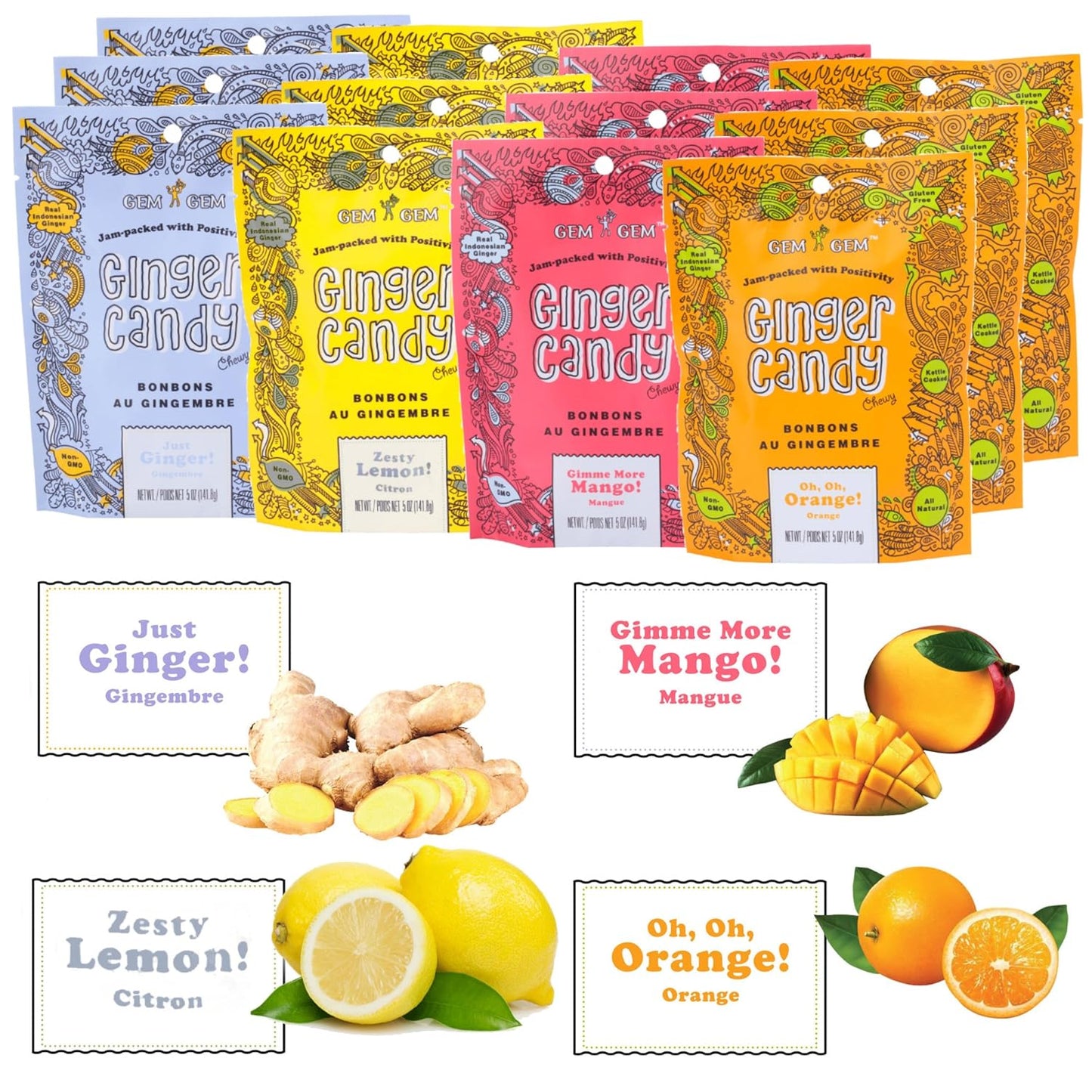 Gem Gem Ginger Candy Chewy Ginger Chews (Assorted Mix, 5.0oz, Pack of 12)