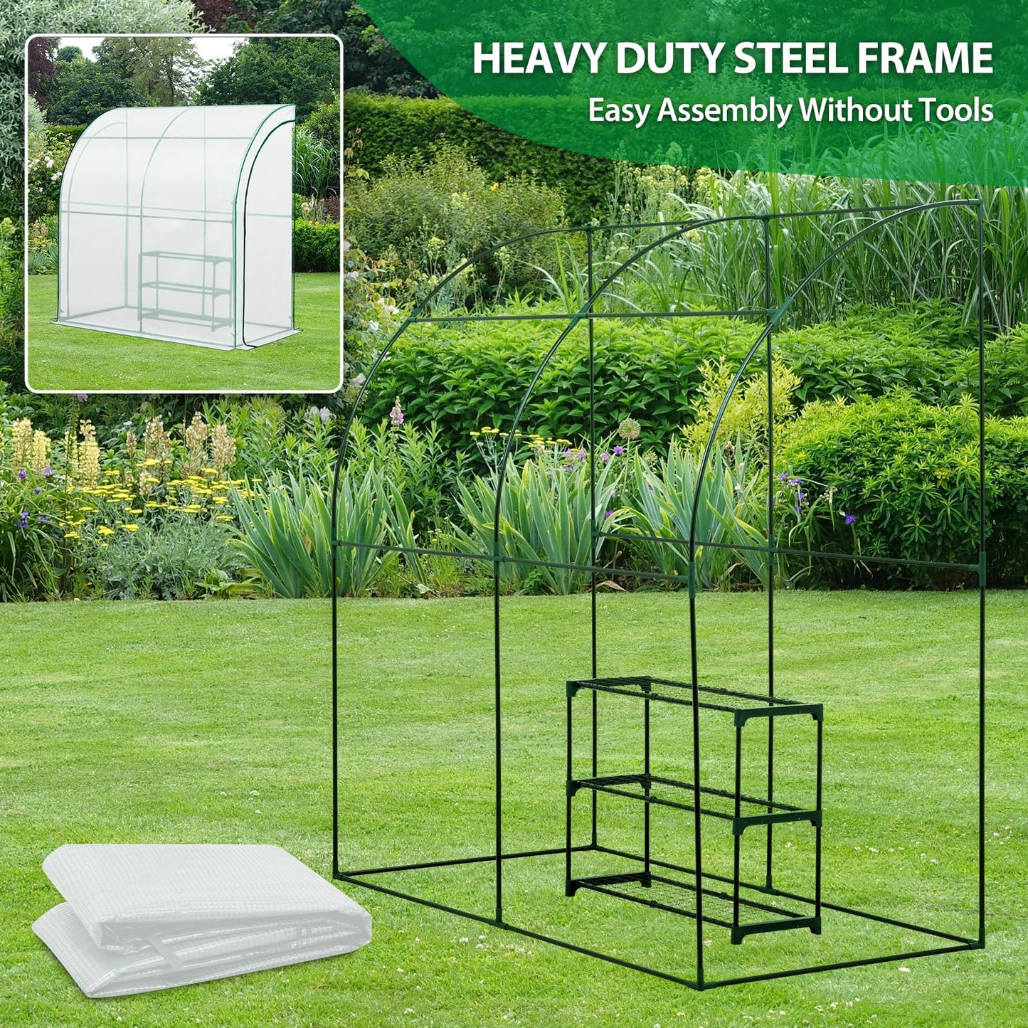 EAGLE PEAK 3 Tier Lean to Portable Greenhouse, Heavy-Duty Indoor & Outdoor Garden with Wire Shelves, 2 Roll-Up Zipper Doors, Easy Assembly, 79"x39"x83" Clear/Green PE Cover