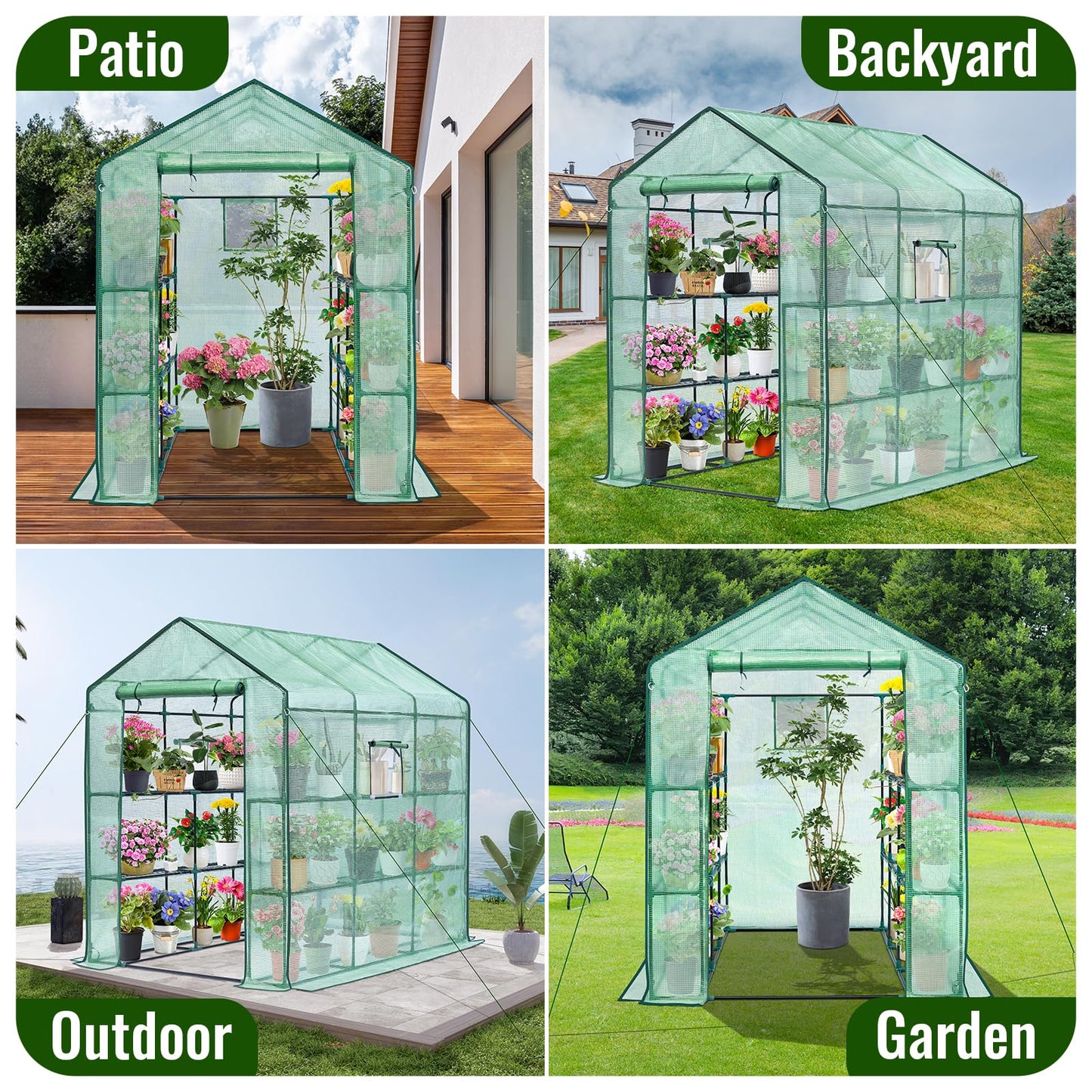 Greengro Greenhouse, 57 x 57 x 76'' Greenhouses for Outdoors, Durable Green House Kit with Window, Thicken PE Cover, 3 Tiers 8 Shelves, Heavy Duty Walk in Green Houses for Indoor Backyard Outside