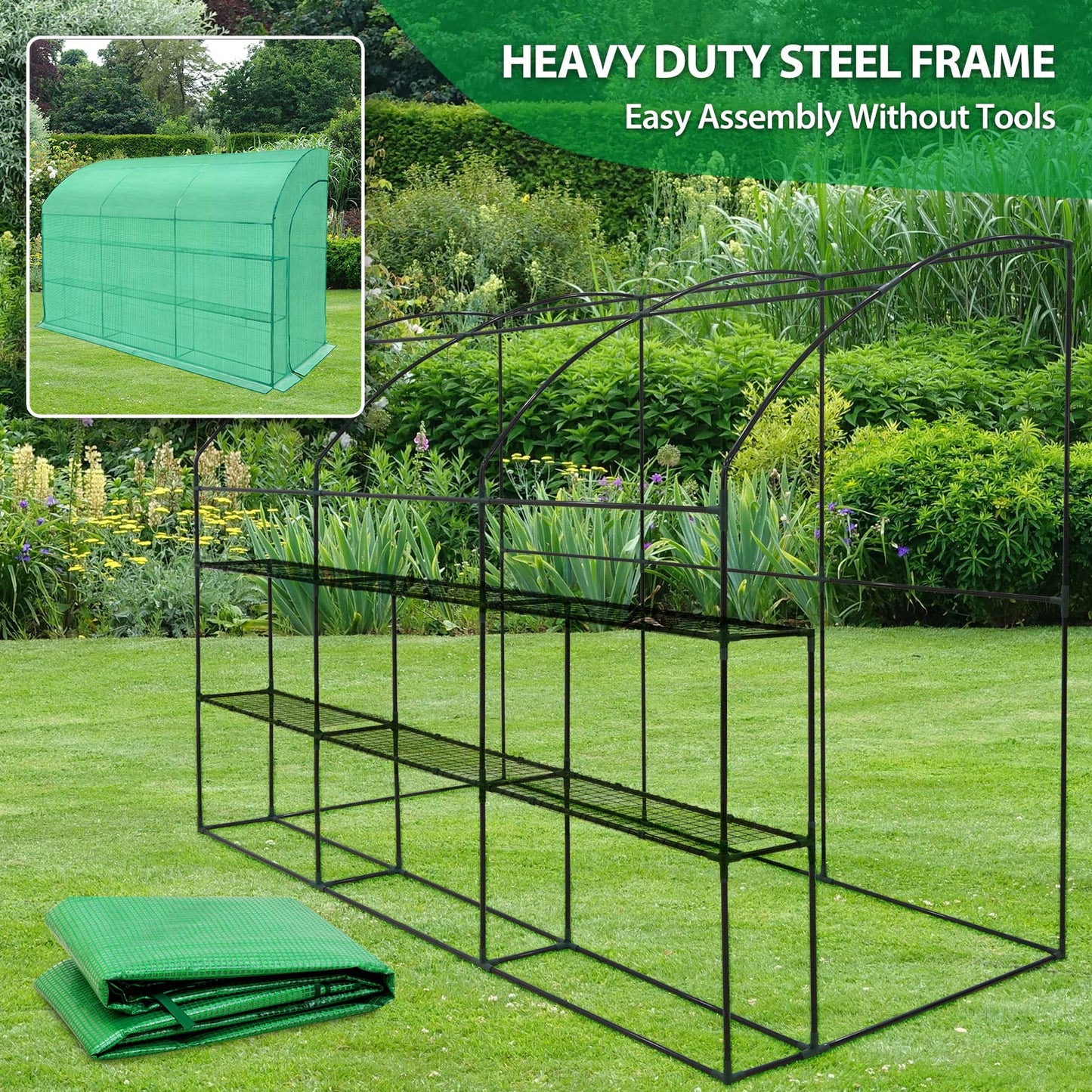 EAGLE PEAK 3 Tier Lean to Portable Greenhouse, Heavy-Duty Indoor & Outdoor Garden with Wire Shelves, 2 Roll-Up Zipper Doors, Easy Assembly, 79"x39"x83" Clear/Green PE Cover