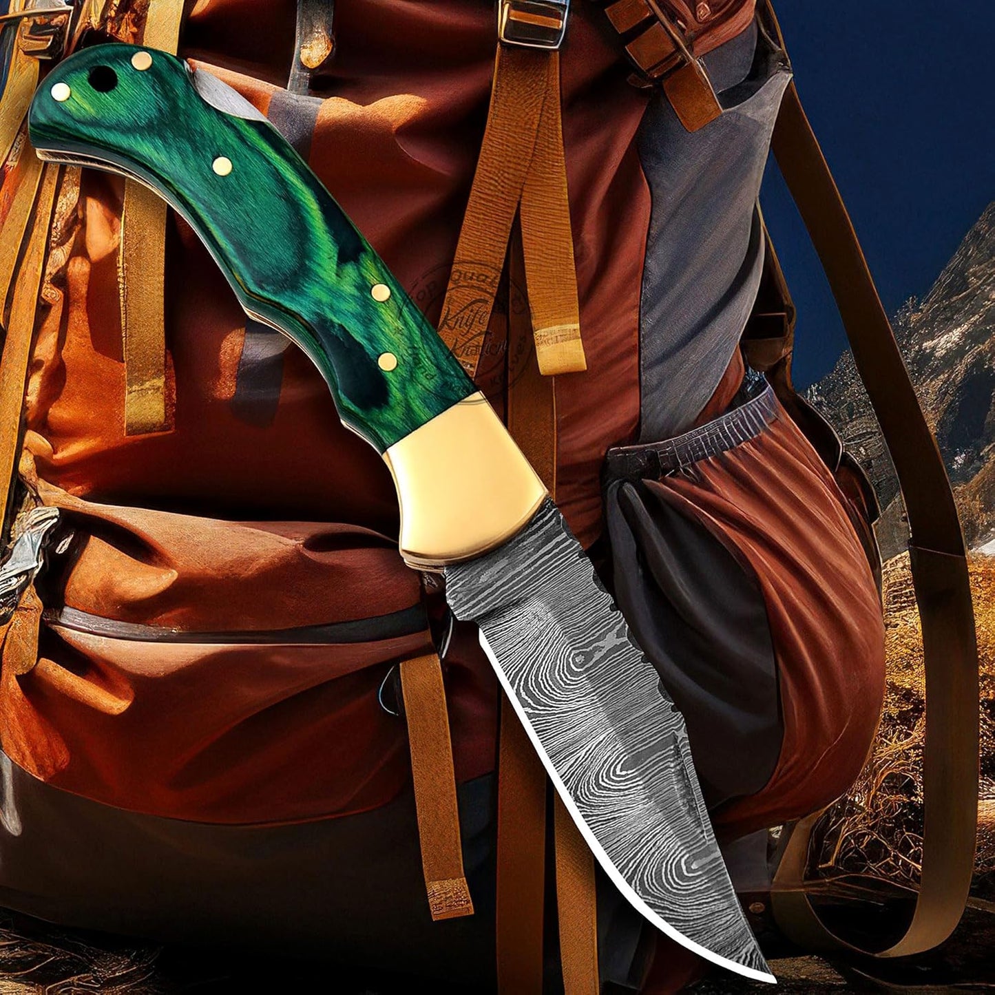 Green Wood 6.5'' 100% Handmade Damascus Steel Folding Pocket Knife, Hunting Knife, Outdoor Survival Hunting Accessories, Gifts for Men, Boyfriend, Dad, Father’s Day Gift, 100% Prime Quality