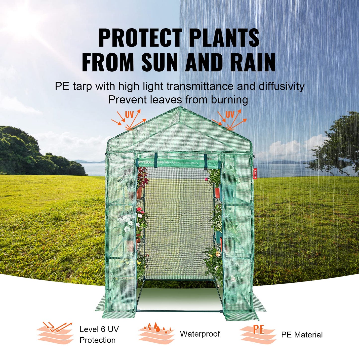 VEVOR Walk-in Tunnel Greenhouse, 9.6x6.4x6.2 ft Hoop House Greenhouse Tunnel, Plant Hot House with Galvanized Steel Frame, White PE Cover, Roll-up Zipper Door and 6 Windows for Outdoor